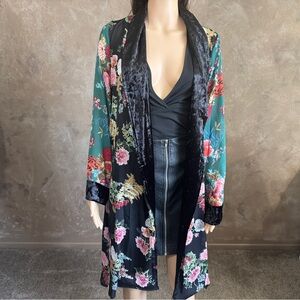 Sheer Floral & Velvet Trim Kimono Duster in Black & Teal Boho Coachella Festival